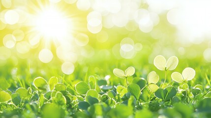 Bright Sunlight on Lush Green Clover Field