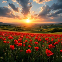 Fototapeta premium Vibrant red poppy field, Rolling hills landscape, Golden sunset