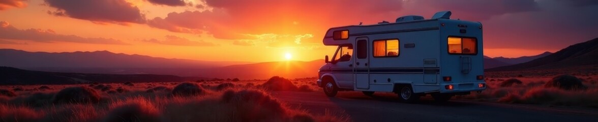 Fototapeta premium Sunset casts long shadows on RV, interior lights glow , home, sunset, vacation