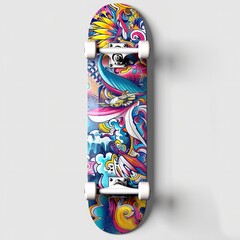 "Colorful Abstract Design on Skateboard Deck – Vibrant Fluid Patterns in Red, Orange, Yellow, Purple, Blue, and White with White Wheels"