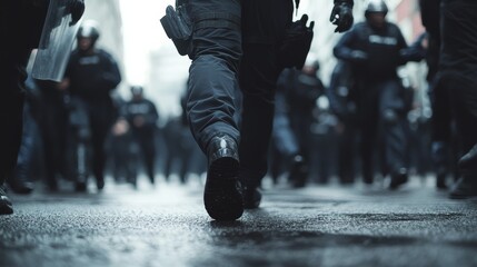 Fototapeta premium Police arrest during a protest violence incident. Featuring law enforcement and public order