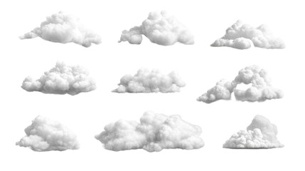 Fluffy white clouds in various shapes showcasing nature's beauty and serenity on the white background