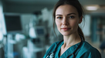 Fototapeta premium A young female nurse stands confidently in a healthcare setting, showcasing her professionalism and dedication to patient care in a modern medical environment.