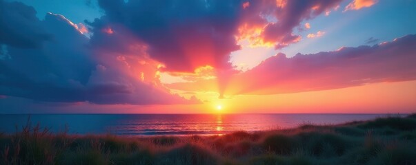 Fototapeta premium Deep blue summer sky transitioning to vibrant sunset, twilight, warm, scenic