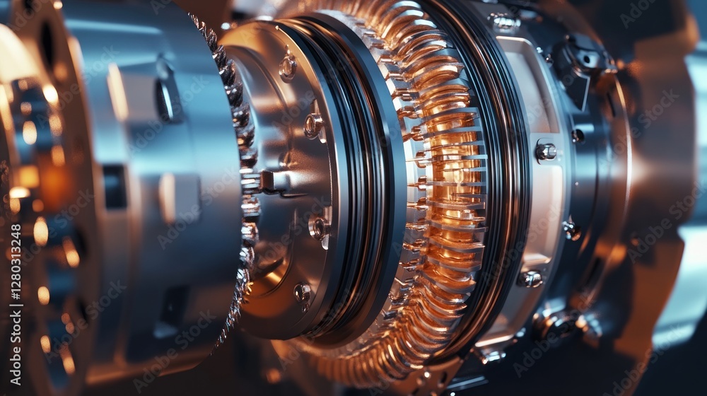 Aufkleber close-up of complex metallic engine mechanism, showcasing intricate gears, turbines, and components.