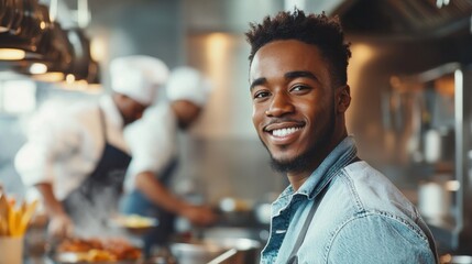 Fototapeta premium A young Black man in casual wear smiles in a modern kitchen, surrounded by chefs. The atmosphere captures joy and teamwork in a vibrant culinary setting.