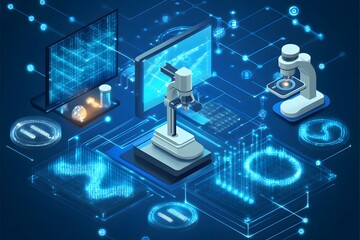 Advanced laboratory setup featuring microscopes and data analysis with digital elements
