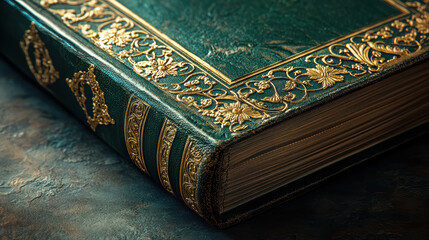 Fototapeta premium An antique book with a deep green leather cover, adorned with delicate golden filigree patterns, resting on a monochrome backdrop