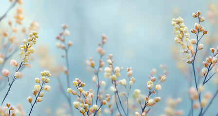 Springtime nature background with beautiful delicate cherry blossom buds at blue bokeh background, banner