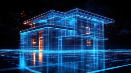 Futuristic house wireframe, night, city, digital