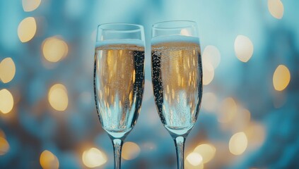 Celebration with Sparkling Champagne in Flutes Against a Soft Focus Background of Colorful Bokeh Lights for Festive Occasions