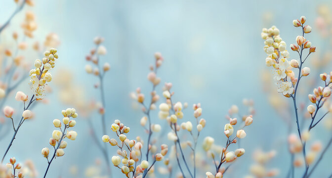 Springtime nature background with beautiful delicate cherry blossom buds at blue bokeh background, banner