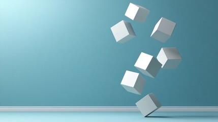 White cubes floating against a teal wall.