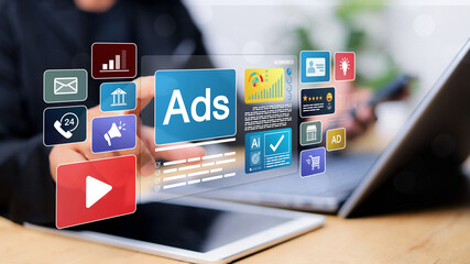 Digital marketing commerce online sale concept, Businessman using laptop with Ads dashboard digital...