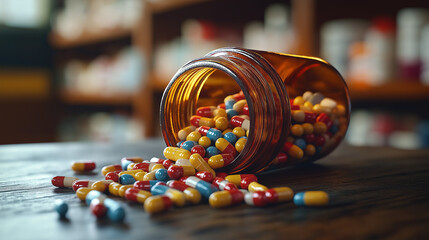 Brown Glass Bottle with Spilled Multicolored Capsules on Pharmacy Counter