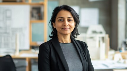 A confident middle-aged female architect stands in a modern workspace, embodying professionalism and creativity. This portrait captures her passion for design and innovative ideas.