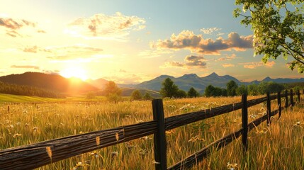 Obraz premium Serene Landscape at Sunset with Vibrant Skies, Rolling Hills, and Rustic Wooden Fence in a Tranquil Countryside Scene