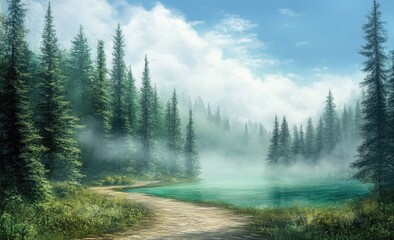 Misty forest path by tranquil lake