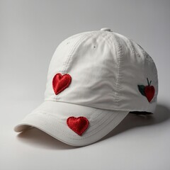 A stylish summer cap with a heart-shaped embroidery, placed elegantly on a white background, with soft shadows for a professional studio look.