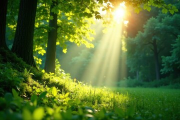 Obraz premium Sunlight filters through lush foliage, creating radiant beams , peaceful, light, texture