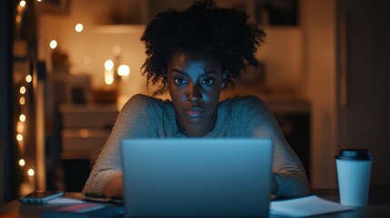 Worried user sitting at a desk, staring at a laptop screen with a concerned expression. Featuring stress and uncertainty