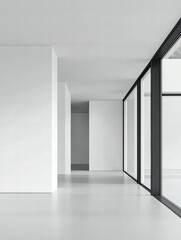 Fototapeta premium Modern Office Corridor: A minimalist corridor features clean lines, glass windows, and a bright, airy atmosphere. The design evokes a sense of space and modern architectural elegance