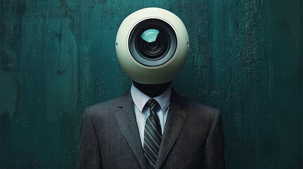 Surveillance, businessman, camera head, teal wall, privacy concerns, concept art