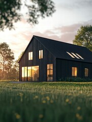 Obraz premium Modern Barnhouse: A contemporary barn-style house, with a sleek black facade and large windows that frame the warm light. This image captures the beauty of modern architecture.
