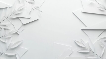 White geometric shapes and leaves frame.