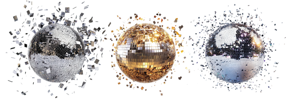 Set of shiny disco balls with scattered mirror fragments, isolated on transparent cutout background