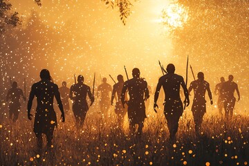 Prehistoric human grassland hunting scenes