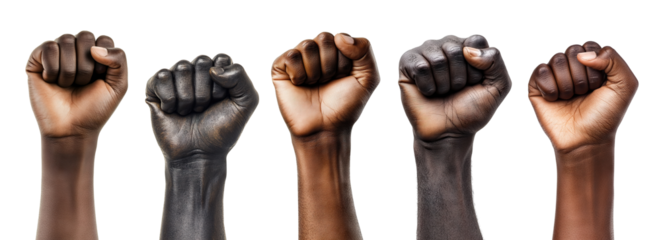 Set of raised African American fists showing strength and solidarity, isolated on transparent cutout background