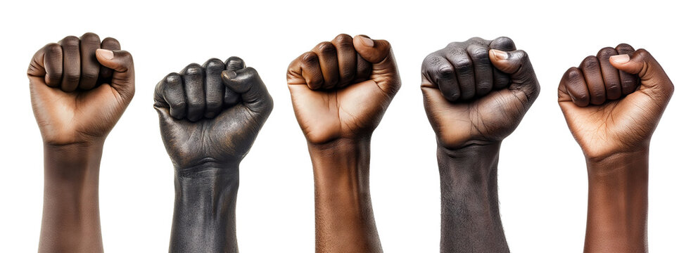 Set of raised African American fists showing strength and solidarity, isolated on transparent cutout background