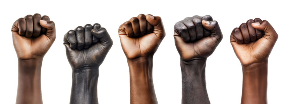 Set of raised African American fists showing strength and solidarity, isolated on transparent cutout background - Powered by Adobe
