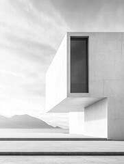 Monochrome Modern: A striking minimalist building design with geometric shapes and clean lines, set against a serene landscape with mountain and sky.