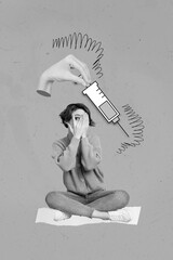 3d retro creative artwork template collage of scared lady arms cover face nervous because of...