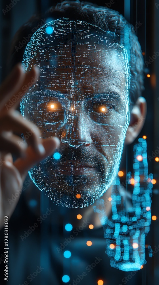 Aufkleber man interacting with holographic face data visualization