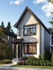 Obraz premium Modern House Architecture: Contemporary residential architecture, showcasing a stylish two-story house with sleek lines, modern design elements, and a vibrant blend of materials.