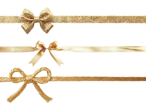 Set of luxurious gold ribbons tied in bows, isolated on transparent cutout background