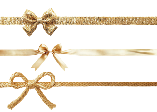 Set of luxurious gold ribbons tied in bows, isolated on transparent cutout background