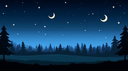 Pixelated night landscape crescent moons shining over quiet misty forest retro aesthetic video game atmosphere pixel art style background