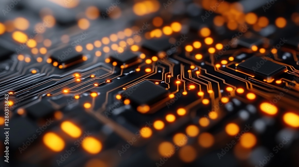 Aufkleber close-up of illuminated circuit board, showcasing intricate microchips and pathways.