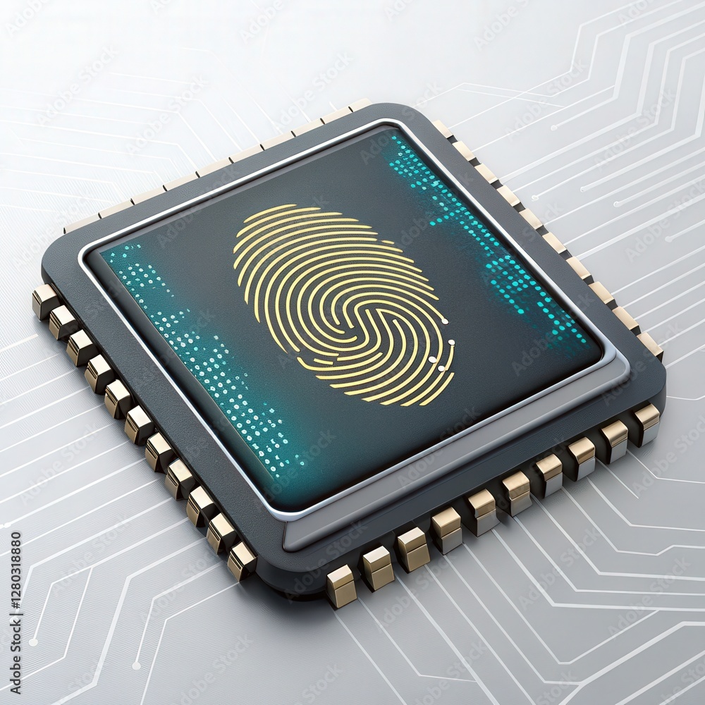 Poster secure access: microchip with fingerprint: a cutting-edge microchip featuring a digital fingerprint 