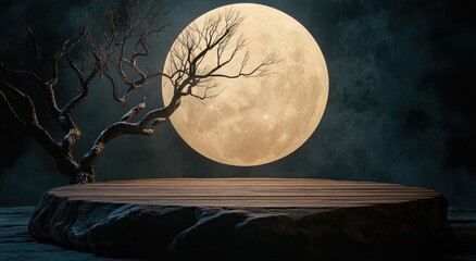Wooden platform under a full moon, haunted forest