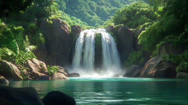 Lush jungle waterfall cascading into turquoise lagoon a tropical paradise hidden gem pristine nature serene escape emerald waters scenic