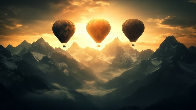Pixelated air balloons ascending over majestic mountains digital artscape evoking wanderlust travel adventure and serene exploration