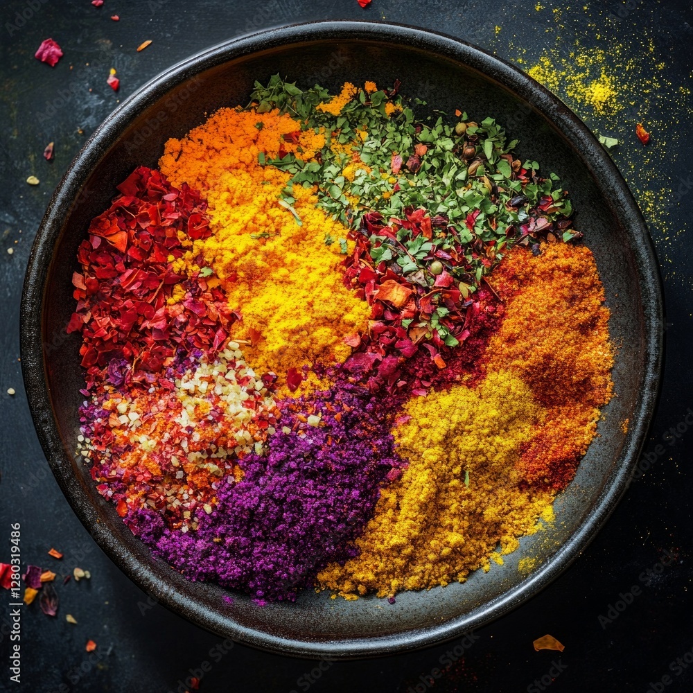 Poster Vibrant culinary spices in black bowl on dark background