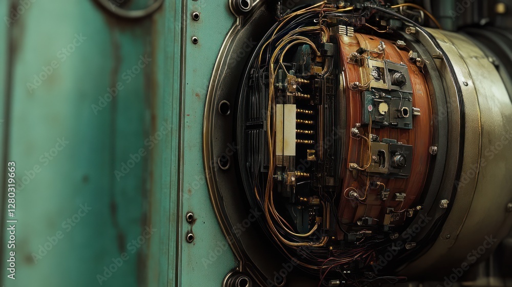 Aufkleber close-up of intricate machinery's internal components, showcasing wiring, copper coils, and metallic
