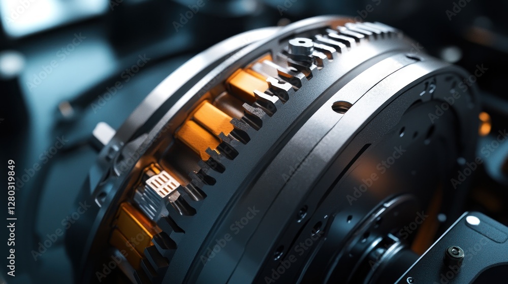 Poster close-up of intricate metallic gear mechanism with orange components.