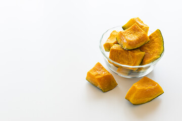 冷凍かぼちゃ　白背景にカボチャの写真素材